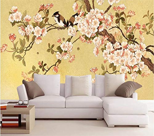 Carta Da Parati Personalizzata Fotomurali 3D Fiori E Uccelli Figura Peach Blossom Plum Magpie Divano Cinese Sfondo Wall Paper 200Cm(W)×140Cm(H)