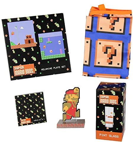 Nintendo Super Mario Bros. Collectors Bundle Gift Set - Figure, Pint Glass, Plate Set, Apron, and Coaster Set