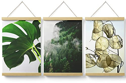 Feeby Posterleiste Set 3 Bilder Monstera Blätter Hirsh 60x90 cm Eiche Magnetische Poster-Hänger Posterhalter Posterschiene Posterrahmen Wohnzimmer Schlafzimmer Bild Bilder Pflanzen Nebel Wald Grün
