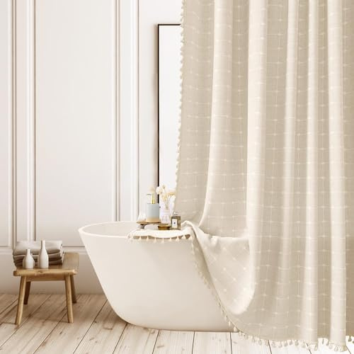 ggaimwf Stoff Duschvorhang Leinen-Mischgewebe Quasten Boho Landhaus Beige | Wasserabweisende Oberfläche. Weicher Fall. Maschinenwaschbar. Für ein gemütliches Bad. Haken inklusive. Mehrere Größen
