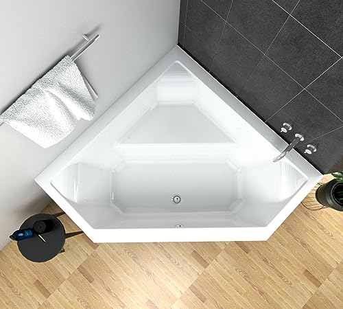 ECOLAM Badewanne IRMA 140 x 140 cm | Eckwanne Eckbadewanne Fünfeckform symmetrisch | Wanne mit Sitz | Acryl weiß Ablaufgarnitur Ab- und Überlauf Automatik Füße Silikon