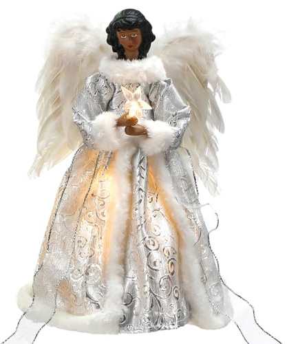 12.2'' Black Angel Christmas Tree Topper with Lights Standing African American Christmas Decorations Black Angel Figurines Treetop for Xmas Home Decor Winter Holiday(White,Cute Style)