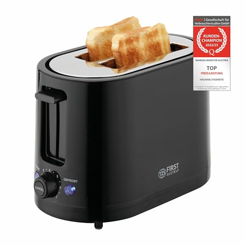 TZS First Austria Doppel Kurzschlitz Toaster, 2 Scheiben, schwarz, 750W, 7 Stufen, Warmhalte- und Auftaufunktion, inkl. Krümelschale