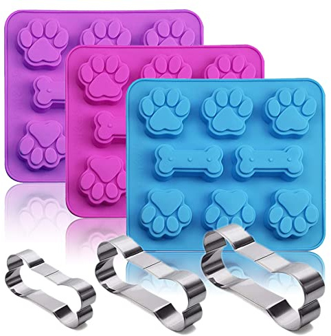 Set of 6, 3 Packs Silicone Molds Puppy Dog Paw & Bone Shaped 2 in 1 and Stainless Steel Cookie Cutter,for Homemade Treats Cat Animal Ice Candy Chocolate Baking Mold, Blue&Pink&Purple