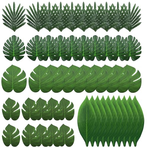 CATELL 50 PCS Hojas Artificiales Decoracion Hojas de Palma Artificiales Hojas Decorativas Verdes Falso Hojas de Monstera Verde para Fiesta Hawaiano DecoracióN De Playa Planta Jungle