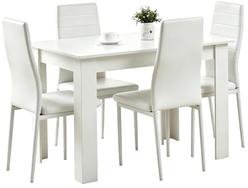 Homullel 5 Piece Dining Room Table and Chairs Set for Dining Room Kitchen, Modern Wooden Dining Table with Chairs for Family Dinner Set (With 4Pcs White Leather Chairs, 110cm White Table)