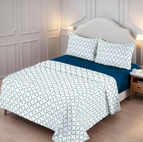 Etrexonline Juego de Sábanas 3 Piezas Cama 90 cm - Microfibra Ultra Suave Incluye 1 Bajera Ajustable 90x200+28 cm, 1 Encimera 160x270 cm, y 1 Fundas de Almohada 50x110 cm - Color Botánico Marino