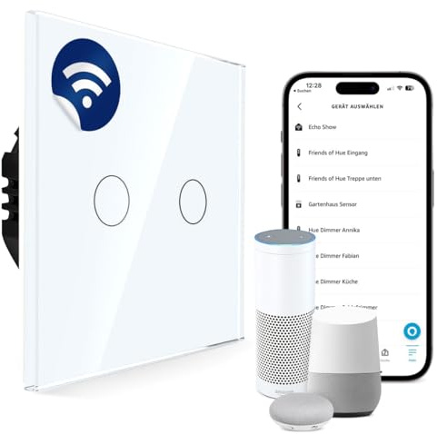 PULSAR Lichtschalter Smart Doppelt 1 Fach Unterputz Weiß - Touch-Glaspanel, Alexa & Google Home, Tuya/Smart Life - Wlan Schalter Doppellichtschalter
