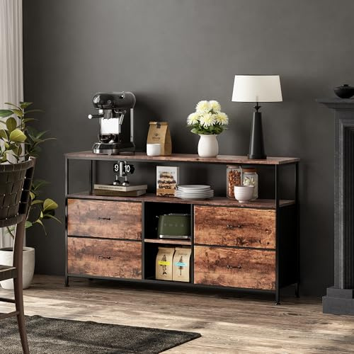 JOROBURO Kommode mit 3 Schubladen und 4 Regal, Vintage Sideboard mit Stoffschubladen Metallgestell, Aufbewahrungsschrank, Holzplatte TV Schrank für Wohnzimmer Schlafzimmer Flur, Braun