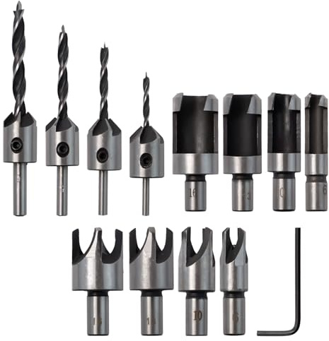 Pilikoll 8 Pièces Fraise à Bouchonner Bois & 8 Pièces Fraise Bois Conique en HSS Acier Acier Carbone Plug Perceuse fraise Metal Kit pour Le Travail duBois (6mm 10mm 13mm 16mm)