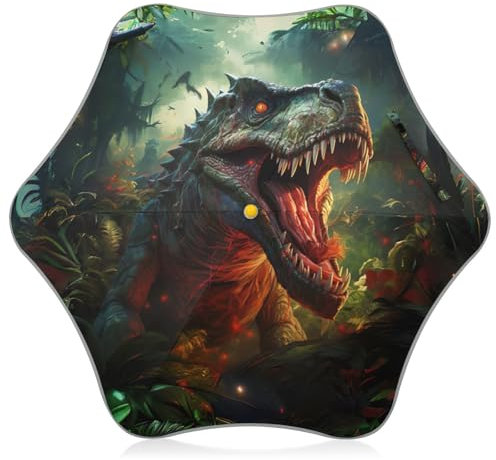 GAIREG Regenschirm für Kinder, Motiv: Dinosaurier brüllend im Dschungel, abgerundete Spitzen, reflektierender Streifen, 88,9 cm Baldachin