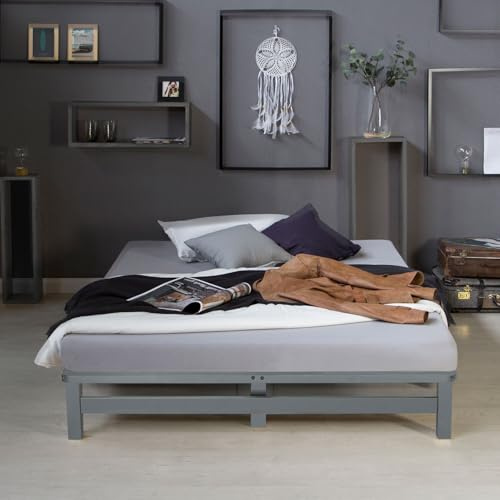 Homestyle4u Lit double en palettes, 140 x 200 cm, avec matelas, sommier à lattes, en bois de pin massif, gris