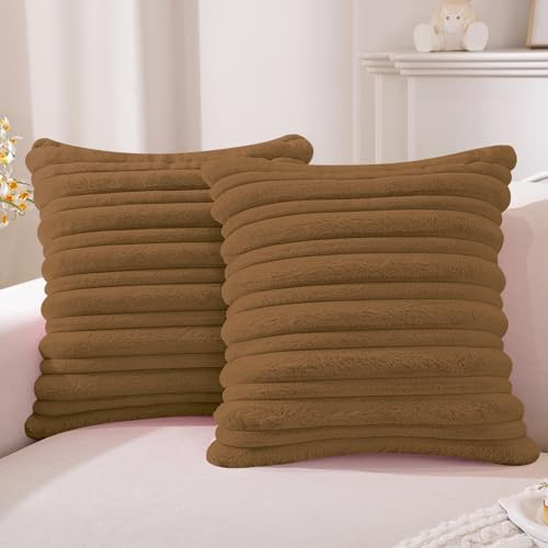 YSTELLAA Housse De Coussin Douce, Lot De 2, 45x45cm, Café Clair | Carrée En Fausse Fourrure À Rayures, Cushion Covers Décoration Intérieure Pour Maison, Salon Et Chambre