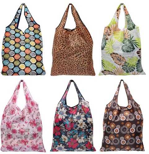 Pack de 6 bolsas de compras plegables en bolsa, bolsas reutilizables de nailon impermeable, ligeras y resistentes para viaje, compras y picnic
