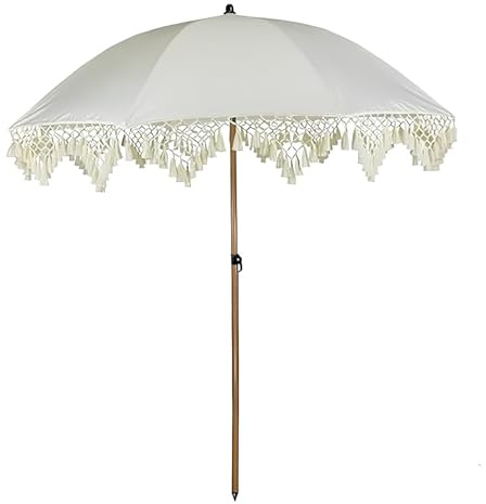 Sonnenschirm Strand Sonnenschutz 200 cm, UV Schutz 50+, Neigbar, Boho Strandschirm Garten Windbeständig Terrassenschirm Marktschirm mit Tragetasche, Weiß