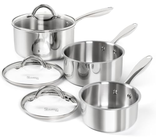 MICHELANGELO Saucepan Set 6pc, Triply Stainless Steel Sauce Pan with Lids 1QT & 2QT &3QT, Kitchen Cooking Pot for Home Use, Dishwasher Safe & Induction Compatible