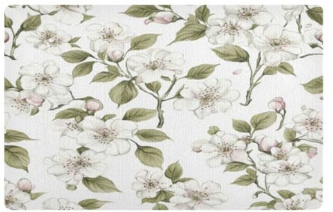 Paillasson antidérapant avec motif fleurs de cerisier blanc, 50 x 80 cm