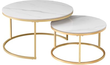 HJhomeheart 2er-Set Marmor-Couchtische mit Weißer Marmorplatte und Goldenem Metallgestell, Moderner Runder Beistelltisch fürs Wohnzimmer – 70 x 70 x 45 cm