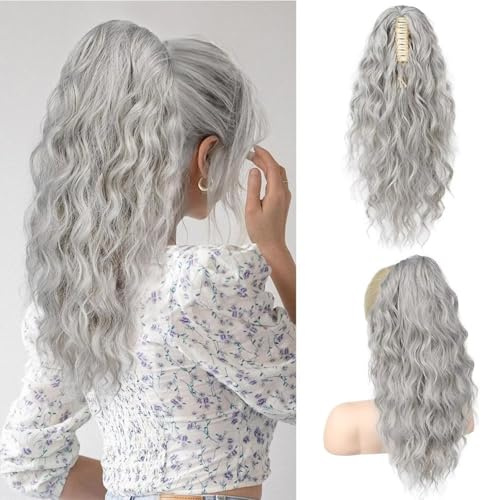 RUNRAYAY Pferdeschwanzverlängerung, Clip-on, Pferdeschwanzverlängerung für Frauen, 45 cm lang, gewellt, lockig, Fake-Clip-in-Haarteile, Grau