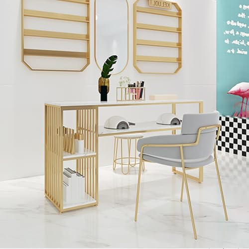 Maniküre Nageltisch, Marmorierte Textur Professioneller Nageltisch 2 Seitlich Offene Ablagefächer Nail Station Beauty Technician Desk(100x45x80cm)