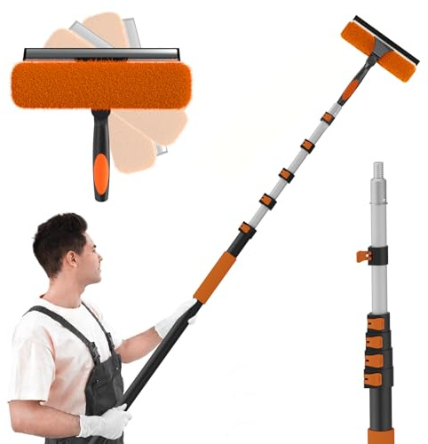 SISUPASSIE 30FT Reach 2-in-1 Window Squeegee, Professional Window Washing Kit with 5-24FT Extension Pole for Home, Indoor Outdoor Squeegee with Rotatable Head for High Windows