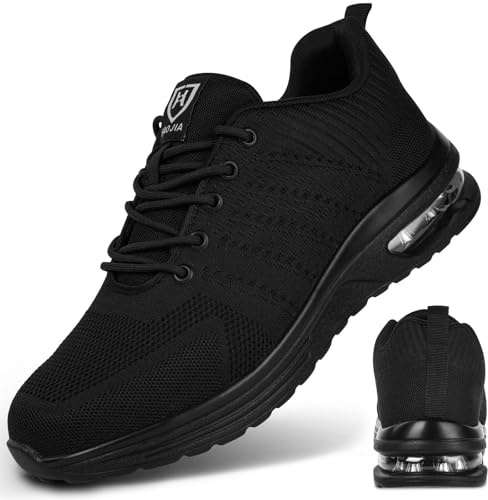 Safety Shoes Mens, Work Trainers with Steel Toe Cap, Lightweight Comfortable Industrial Sneakers with Air Cushion(Black,9 UK)