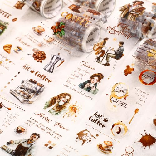 Frekyar Scrapbook Zubehör Aufkleber,6 Rolls Coffee Themed PET Washi Tape,Scrapbook Stickers Tape for Journaling,Scrapbooking,Bullet Journal,DIY Craft,Junk Journal(Coffee Town)