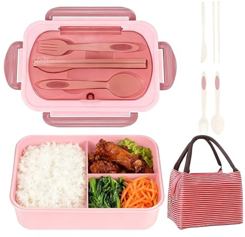 ZYETGH Lunchbox mit Fächern, Brotdose Set Bento Box mit Lunchtasche Vesperbox Brotzeitbox Brotbox Frühstücksbox Vesperdose Essensbox Jausenbox (Rosa 1250ml)