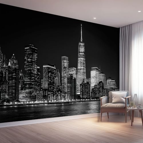 Fotografía Papel Pintado Salon 400 x 280 cm, Horizonte Negro De La Ciudad De Nueva York Fotomurales Tejido No Tejido Papel Tapiz Fotográfico Decorativos Murales Dormitorio Oficina