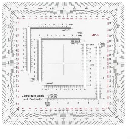 HanOaki Righello a coordinate per ingegneria edilizia - Scala flessibile con goniometro, 1:25000/1:63360 metri, righello acrilico a forma di mezzaluna 0-360 gradi