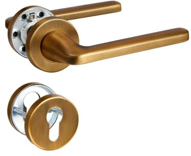 SORWDUERM 2 Paar Türgriff Antik Messing Drückergarnitur, Edelstahl matt gebürstet, Türklinke Set für Haustür und Innentür, L-Form, Rund-Rosette, PZ - Profilzylinder