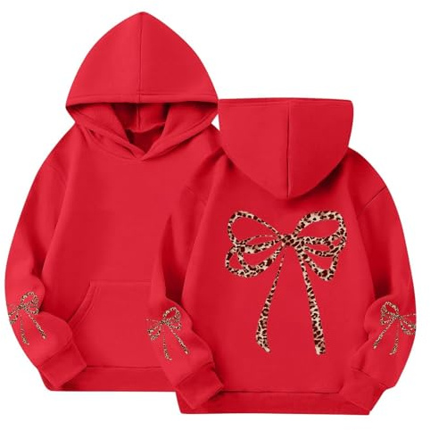 Mjjsk Huvtröjor för flickor trendig rosett grafisk tröja med huva barn vardaglig snygg huvtröja jumper långärmad Preppy söt pullover toppar, Röd, 2-3 Years