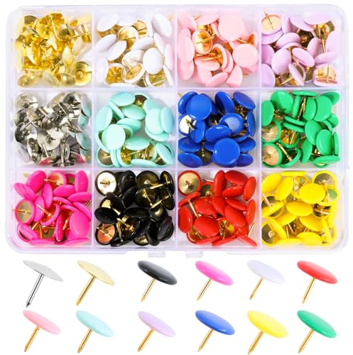12 Colors Thumb Tacks 264PCS Plastic Round Head Thumbtack Metal Flat Push Pins Colorful Map Tacks for Bulletin Board, Cork Board, Photo Wall, Office, School Use