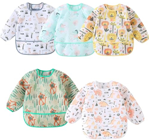 MistQin Long Sleeve Baby Bibs,5 Pcs,Waterproof Bibs with Sleeves,Lightweight Wearable Smock Bib 3-30 Months (5 Pcs Set A)