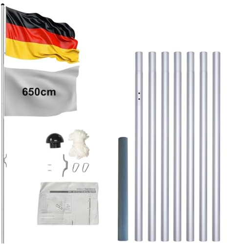 HOBBYZOO Fahnenmast stabil, Aluminium Fahnenstange mit DE Flagge, Faltbarer Flaggenmast für Outdoor, inklusive Aufziehsystem und Bodenhülse, Silber (6,5m)