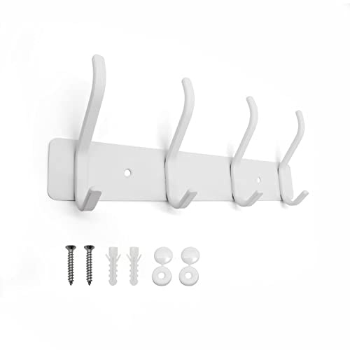 AJLTPA Coat Hooks Wall Mounted, Metal White Coat Rack, 4 Double Hooks | Powder-coated Coat Rail, Heavy Duty Coat Pegs, 8 hanging points for coats, bags and towels in halls, bedrooms or bathrooms