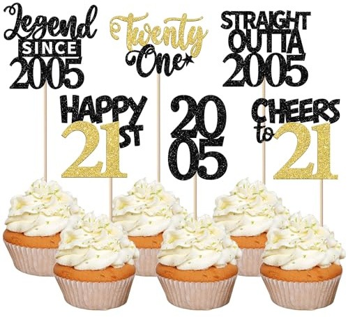 Xsstarmi 24 Pcs 21st Birthday Cupcake toppers Black Gold Glitter Hello twenty one Legend Since 2005 Cake Picks for Cheers to 21 years old Birthday Party Decorations Supplies