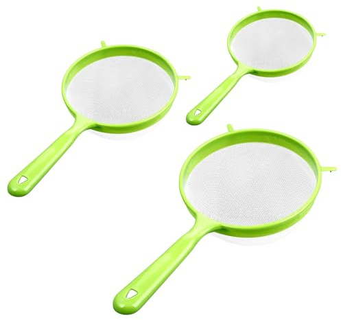 Tamiz de cocina, 3 tamaños (3/4/5 de diámetro) Tamices de malla fina para cocinar, colador con mango de plástico para harina, lavado de alimentos, drenaje de pasta, espaguetis, arroz, verduras, verde