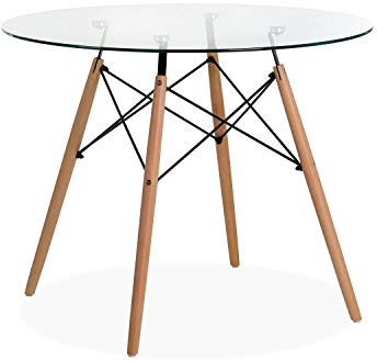 Noorsk Design Mesa Redonda Tower Cristal, Diámetro 80 | Cristal Templado, Patas de Madera de Haya