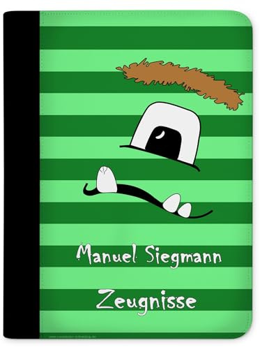 CreaDesign Zeugnismappe A4 mit Namen personalisiert – Monster Streifen Grün – für Jungen – Dokumentenmappe Schule ohne Klarsichthüllen