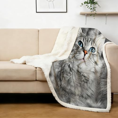 BlessLiving Couverture polaire avec motif chat gris (150 x 200 cm) - Couverture pelucheuse pour enfants, adultes, voyage, chat simple pour femmes et filles (lit simple/double)