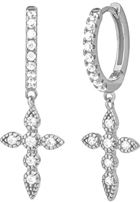 Brandlinger ® Ohrringe Silber 925 hängend. Creolen mit Anhänger Kreuz mit Stein weiß Zirkonia. Schmuck Damen vergoldet mit 18 Karat für Frauen und Mädchen. Durchmesser der Creolen 14mm.