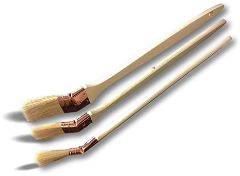 Set di 3 pennelli piatti a testa angolata per pittura radiatori | Larghezza 20, 30, 40 mm | Seta bianca | ghiera rame | Manico in legno | Angoli, persiane, angoli, tubi, accesso difficile | Kibros