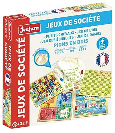 JEUJURA - Jeux de Societe Plateaux en Bois - Jeu Enfant dès 3 Ans - 8103 | Jeux des petis chevaux, de l'oie, de dames, des échelles - Plateaux réversible bois - Enfant, famill et amis