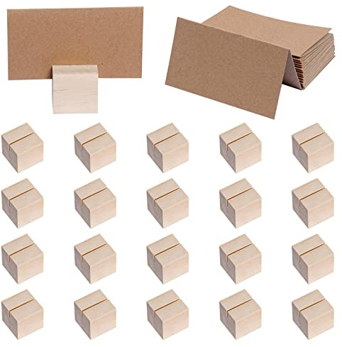 mifengda 20 Pieces Wood Place Card Holders Table Number Stands Small Sign Display Rustic Wooden Card Holder with Brown Paper Cards for Wedding Reception Table Party Decoration