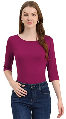 Allegra K Camiseta Ajustada Mujer con Cuello Redondo Y Mangas Al Codo Fucsia S