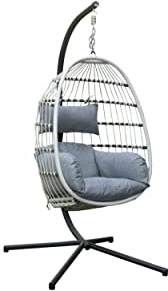 LC Garden Sunai Hängesessel mit Gestell • Bequemer Hängekorb Sessel • Rattan Hängesessel Indoor und Outdoor - Boho Egg Schaukel für Terrasse 110kg Tragkraft (weiß)