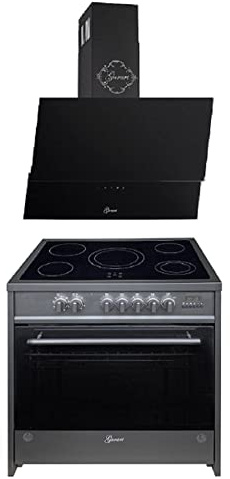 GURARI Herdset Elektro-Standherd GCH E 912 BL + GCH D 268 BL 9 PRIME, Backofen Set 90 cm, 121 L, Schwarz + Dunstabzugshaube 90 cm 1000m³/h Wandhaube in Schwarz Glas, Umluft-/ Ablufthaube