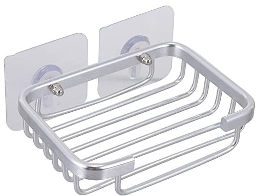 FülleMore Seifenhalter Wandmontage Seifenkorb ohne Bohren,selbstklebend Seifenschale Schwämme Bürsten Halter Seifenablage aus Aluminium für Badezimmer Küche Dusche Balkon (Glatt-Silber)