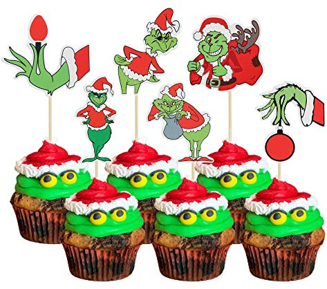 Gyufise 36Pcs Gnch Christmas Cupcake Toppers Merry Christmas Cupcake Toppers Gnch Cake Decorations Merry Grch Xmas Holiday Theme Birthday Party Cake Decorations Supplies